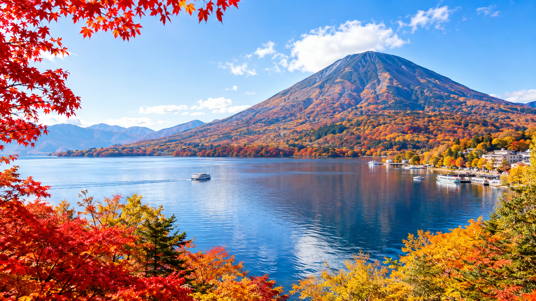 AI-generated illustration of Nikko Lake Chuzenji and Mount Nantai in autumn colors
