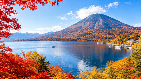 AI-generated illustration of Nikko Lake Chuzenji and Mount Nantai in autumn colors