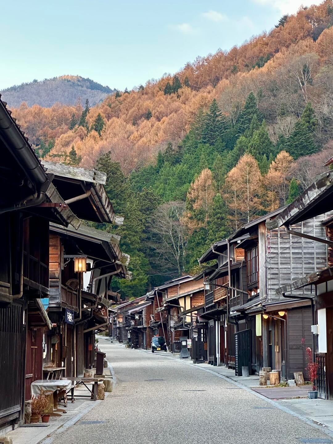 Traditional wooden buildings along Magome-juku post town street